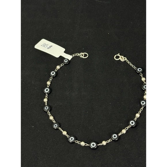 Jewelry - Tobillera De Plata 925 Con 12 Ojos Turcos Color negros‎ Silver 925 - 9 Inch